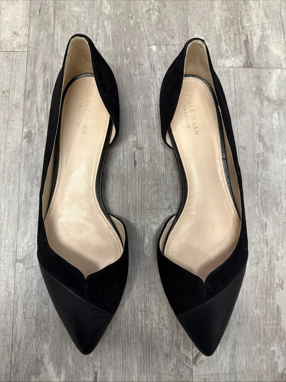 Cole Haan Black Pointed-Toe D'Orsay Flats with Suede Upper